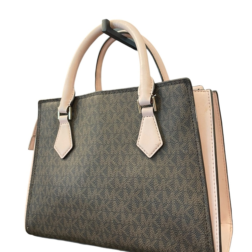 Michael Kors Marilyn Small MK‎ Logo Satchel Purse Bag Brown Blush Pink Designer - Picture 13 of 13
